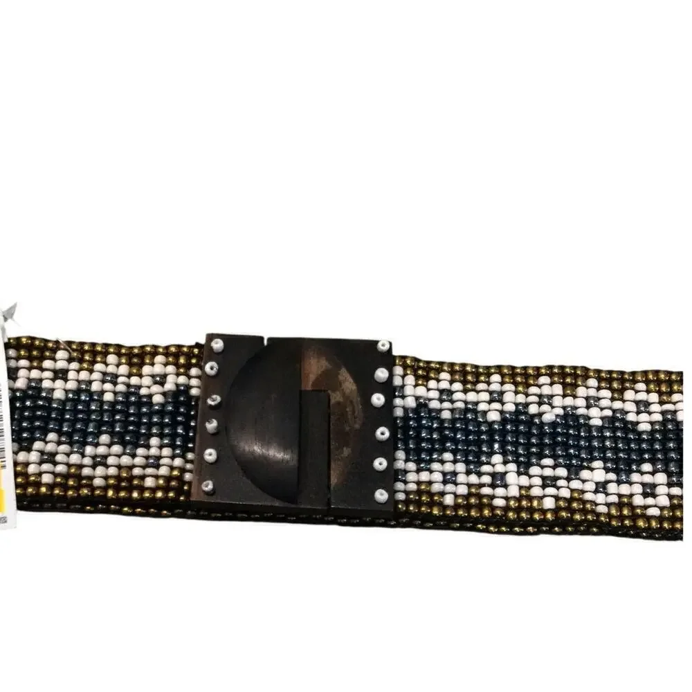 Glass Bead Belt New Womens Medium Blue White Artsy Bohemian Stretchy Wood Read‎